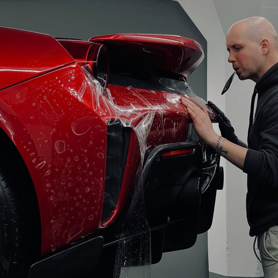 Antonio verarbeitet XPEL Paint Protection Film auf einem Ferrari 488 Pista